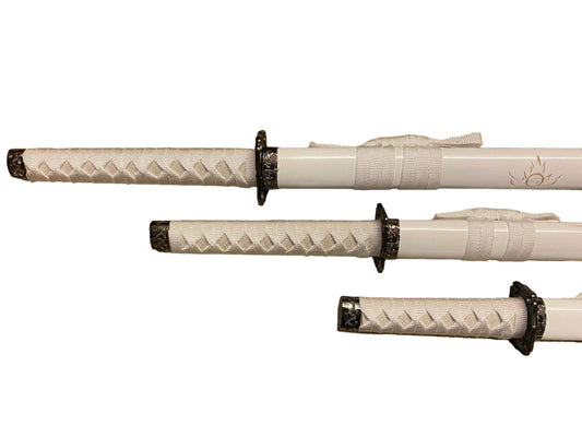 Three white swords with black handles on a white background