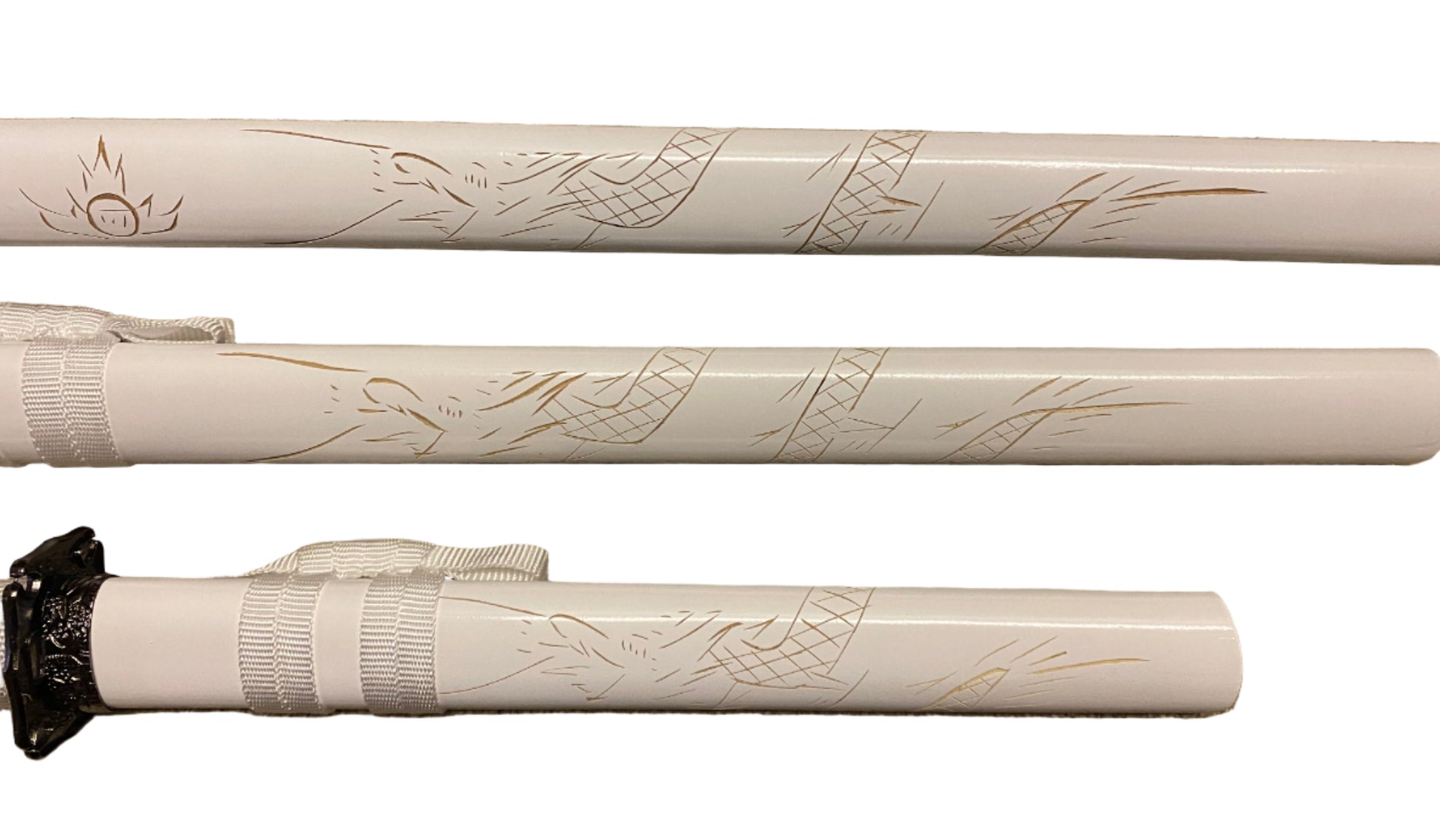 Close-up of a white rifle stock with engraved designs on a white background
