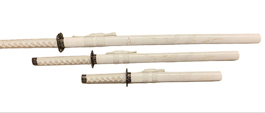 Set of three white swords with black hilts on a white background