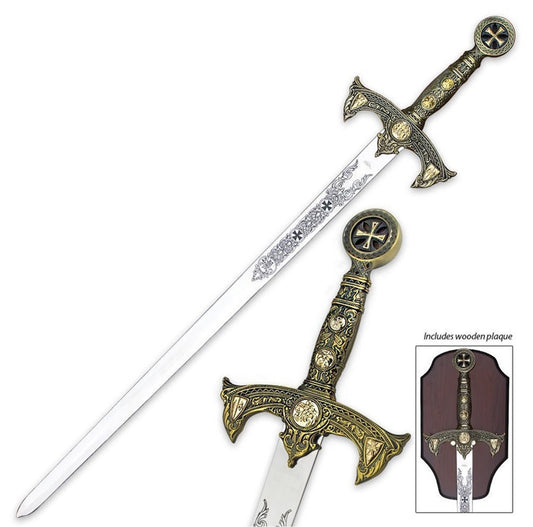 Decorative sword with intricate designs on a white background