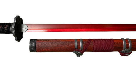 Sword with red blade and wooden sheath on a white background