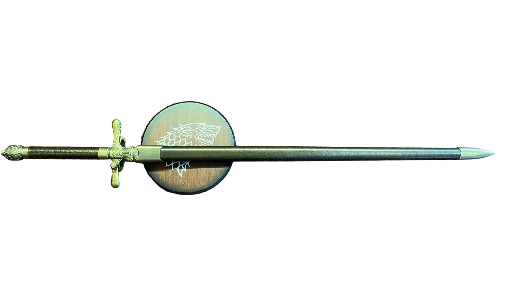 Decorative sword with a circular blade on a white background