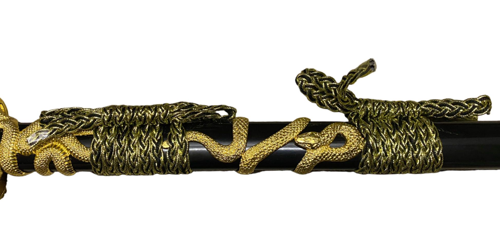 Decorative sword with gold and black design on a white background