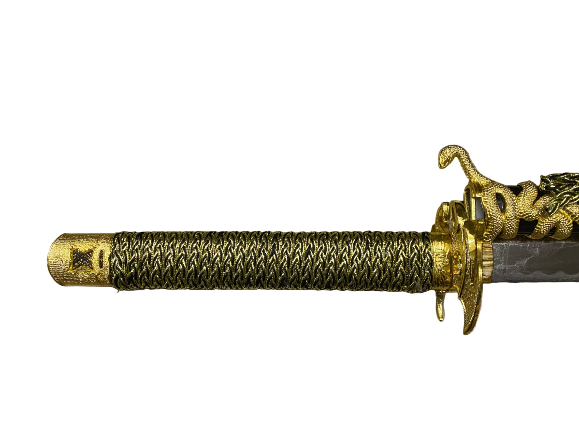 Decorative sword with gold handle and blade on a white background