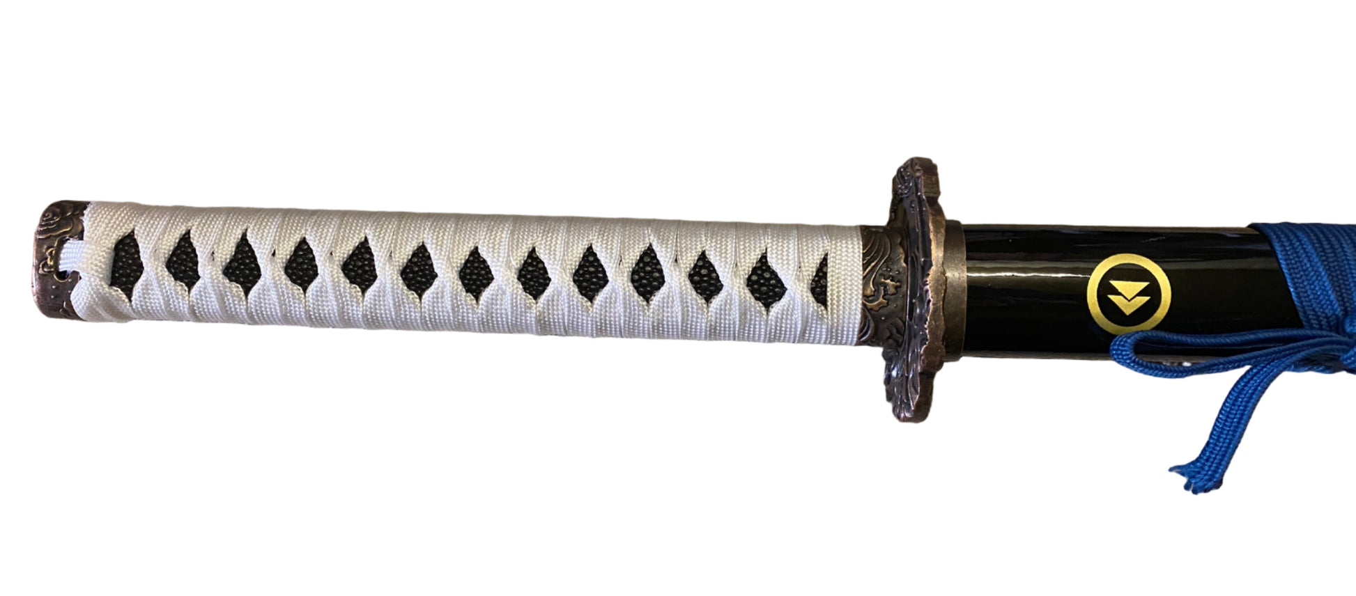Sword with a black and white handle on a white background
