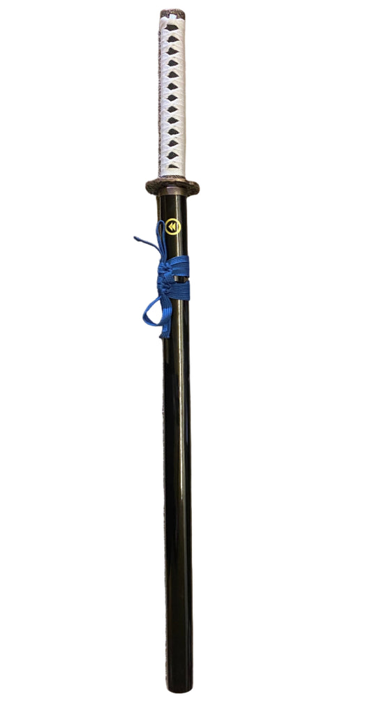 Sword with a white blade and black handle on a white background.