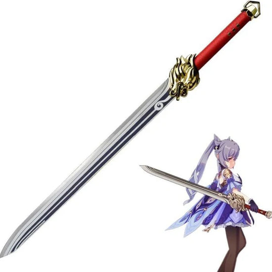 Sword with gold handle and red blade next to an anime-style character holding a similar sword.