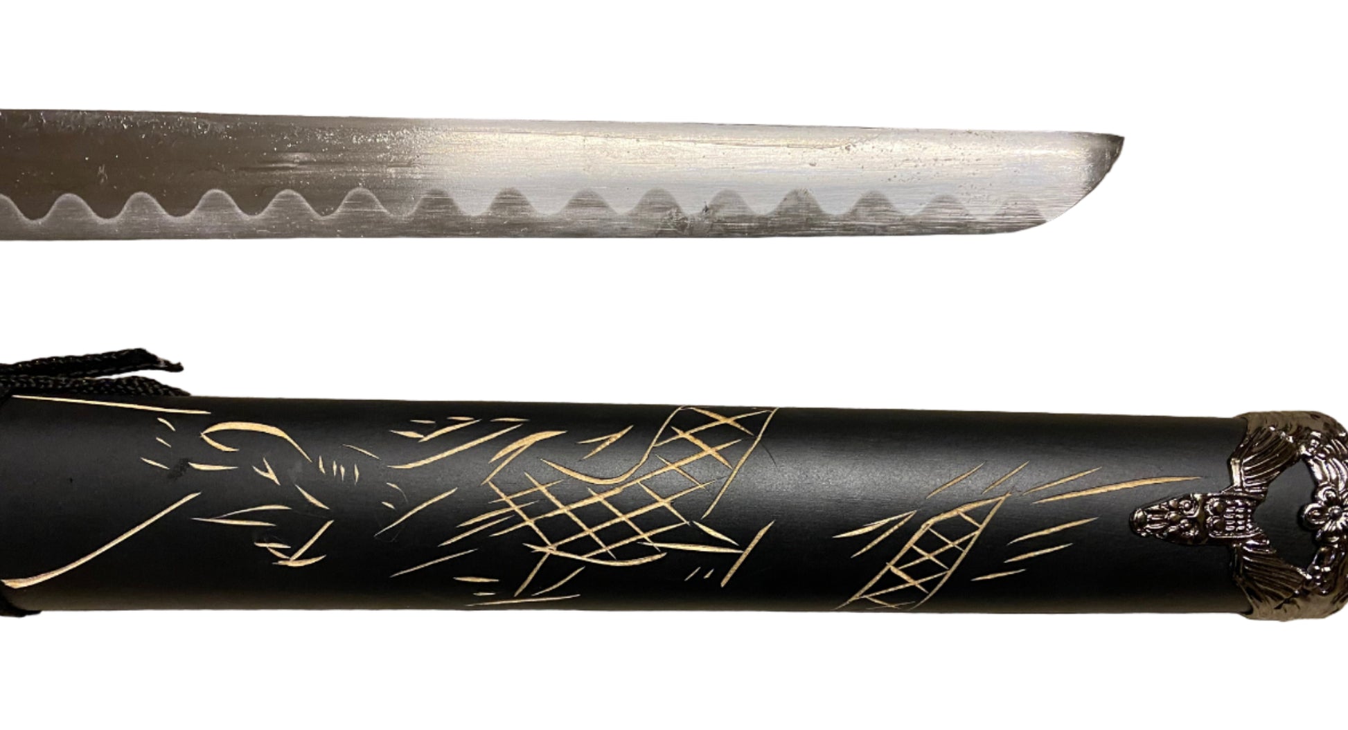 Sword with black sheath featuring patterns on a white background