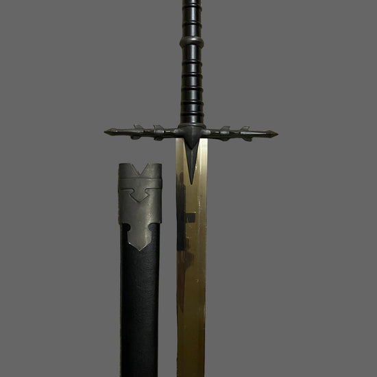 Sword with black handle and blade on grey background