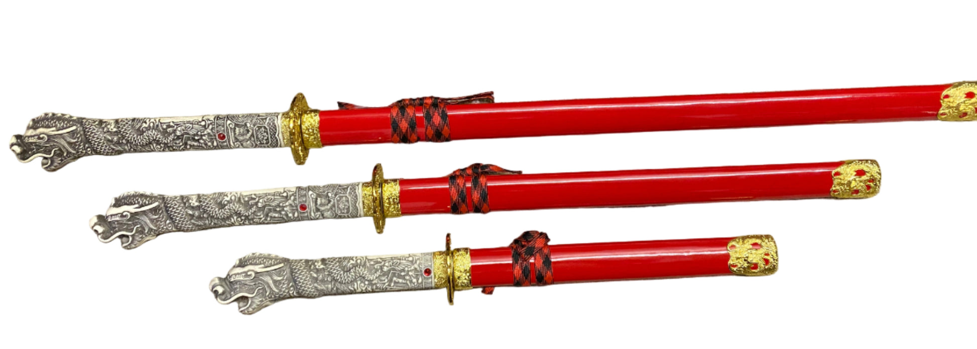 Three red swords with silver and gold handles on a white background