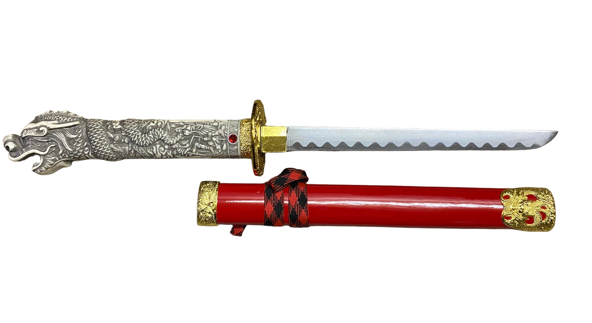 Decorative sword with red sheath on a white background