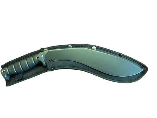 Curved blade knife with sheath on a white background