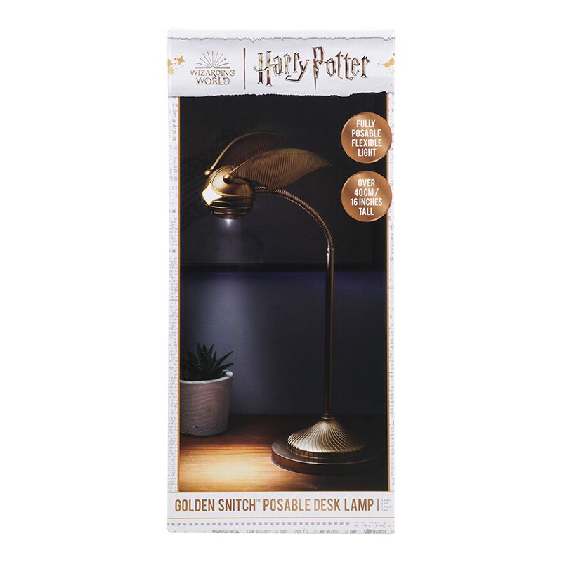 Packaging of a Golden Snitch Posable Desk Lamp from Harry Potter with a dark background.