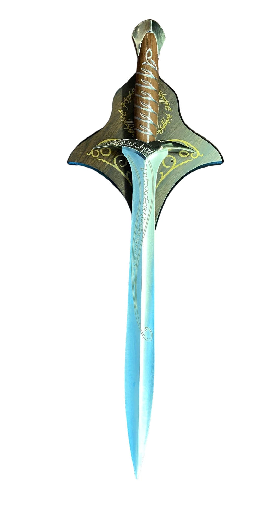 Decorative sword with a detailed hilt on a textured brown background