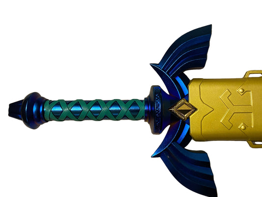 sword with blue and green handle and gold blade on a white background