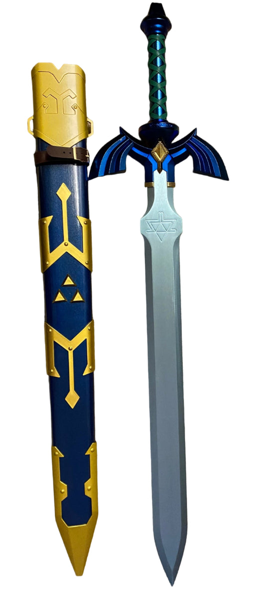 Sword with blue and gold design on a white background