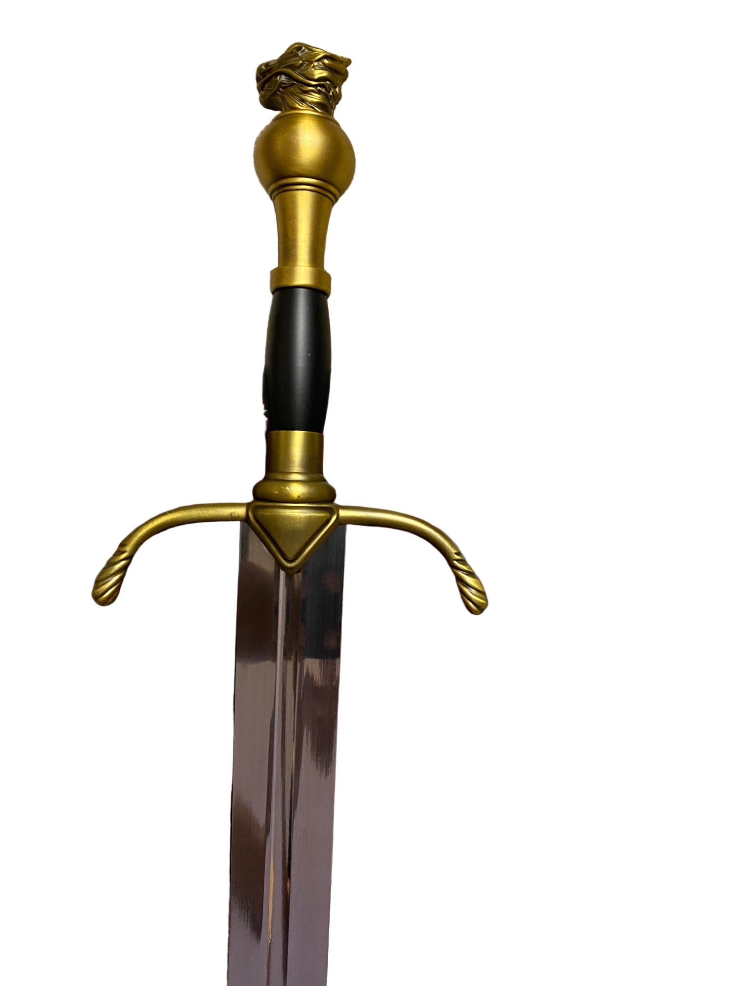 Decorative sword with gold hilt and black handle on a white background