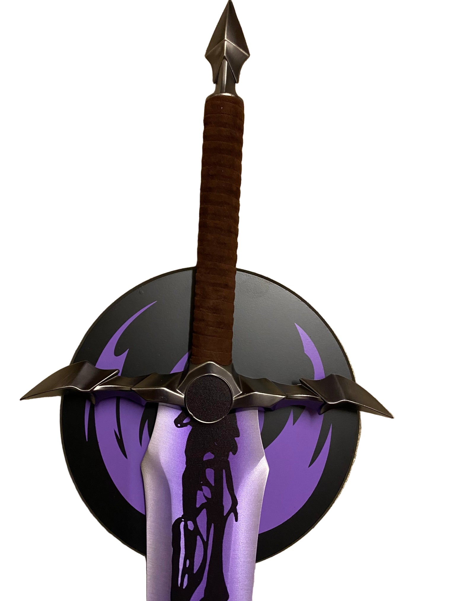 Decorative weapon with a brown handle and metallic blade on a white background
