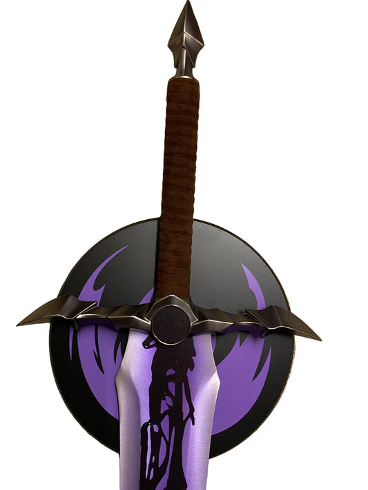 Decorative weapon with a brown handle and metallic blade on a white background