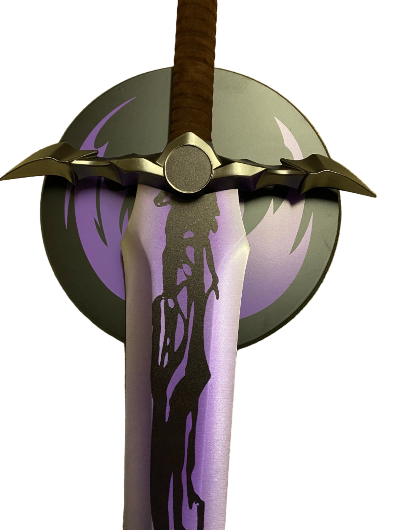 Sword with a purple blade and gold hilt on a white background