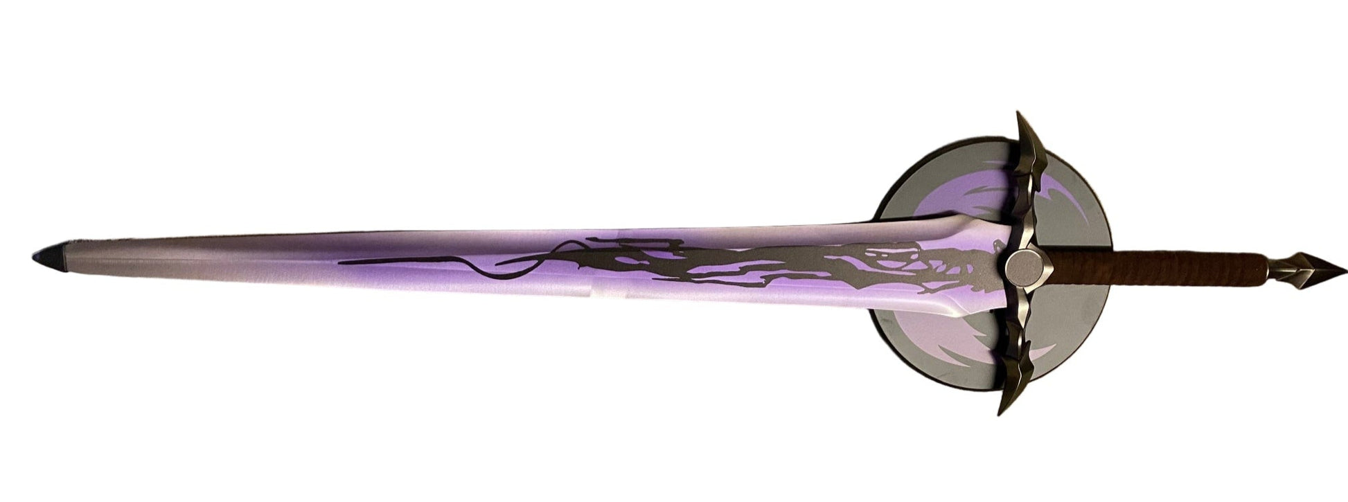 Decorative sword with purple blade and silver hilt on a white background