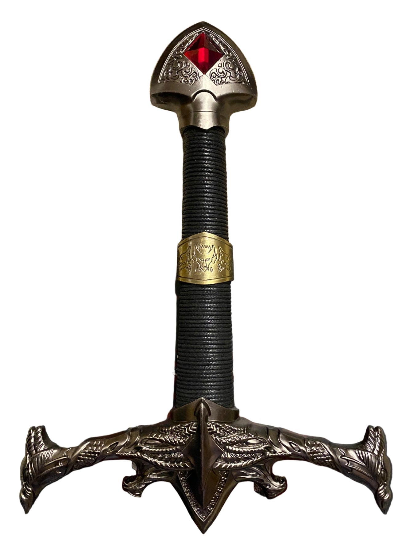 Decorative sword with a detailed hilt and red gem on a white background