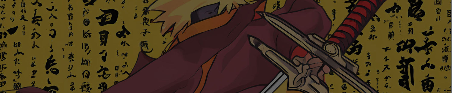 Naruto Swords - Naruto infront of a yellow background with Japanese Symbols