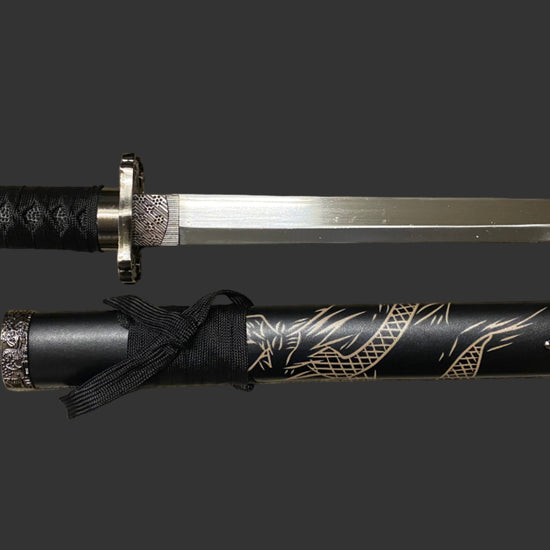 Sword with black sheath featuring gold designs on a dark background