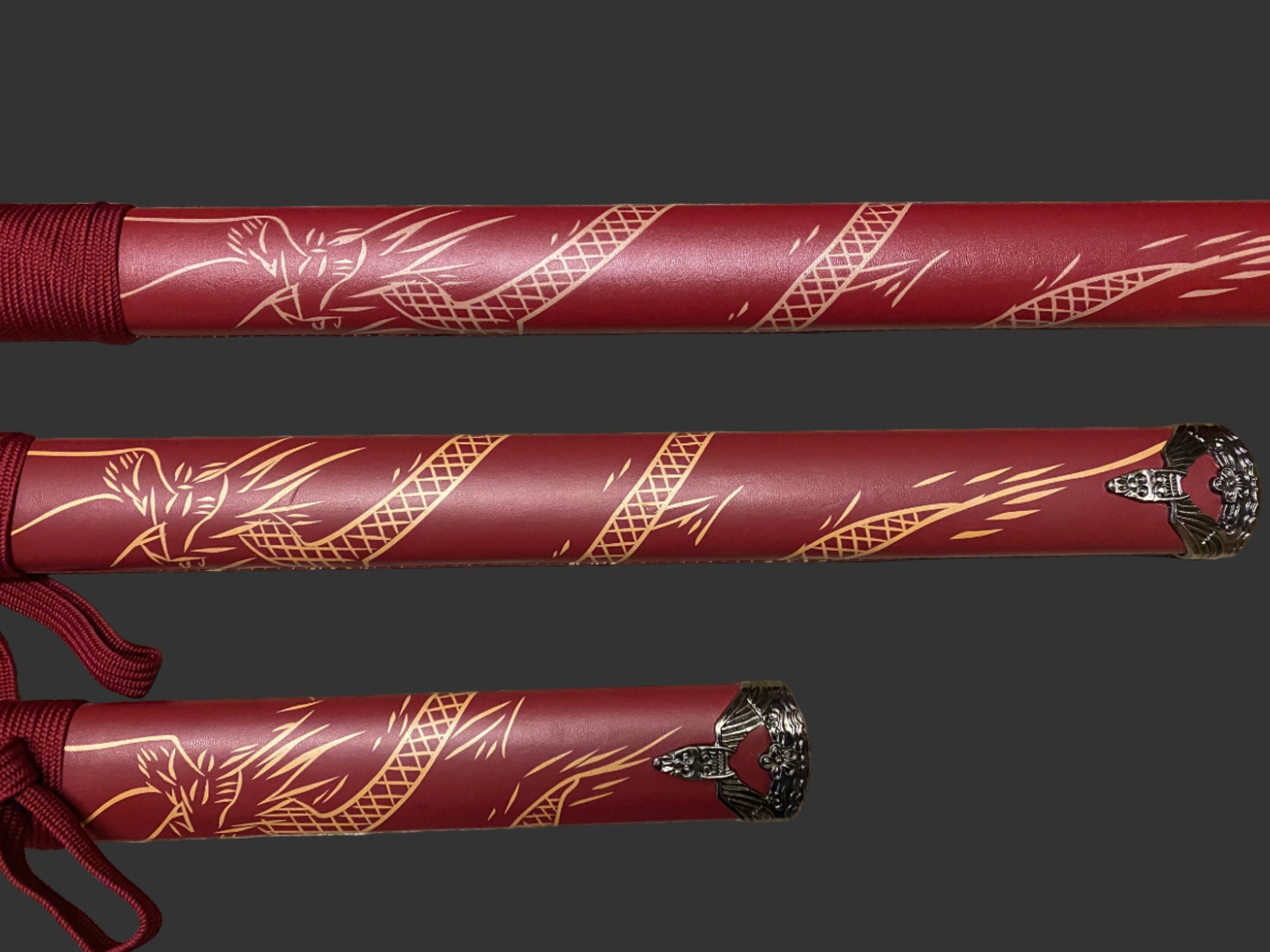 Three red swords with gold patterns on a dark background