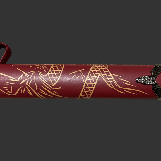 Red sword with gold patterns on a gray background