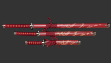Set of red swords with decorative handles on a dark background