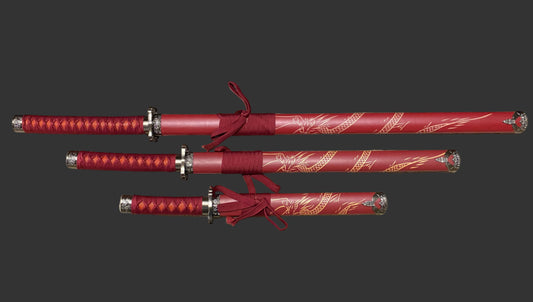 Set of red swords with decorative handles on a dark background