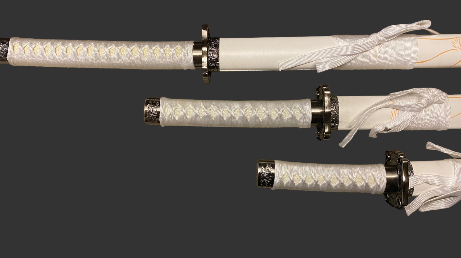Three white swords with black accents on a dark background