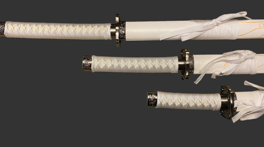 Three white swords with black accents on a dark background