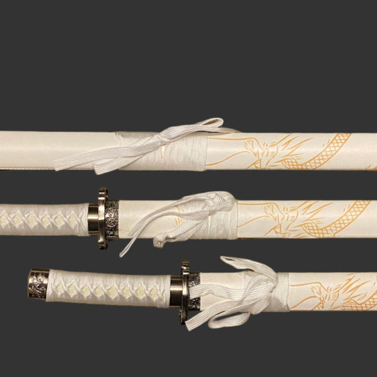 Set of white swords with gold accents on a black background