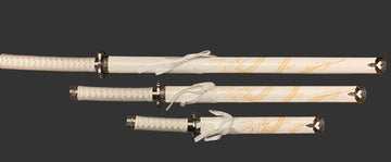 Set of white swords with gold accents on a black background