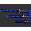 Three blue-handled samurai swords with decorative hilts on a gray background