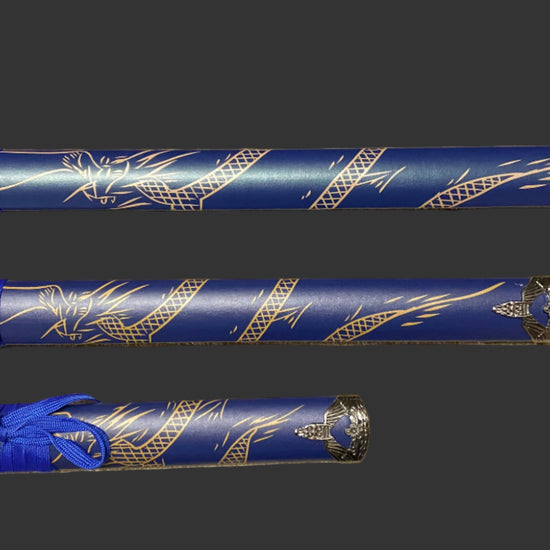Three blue sword sheaths with silver dragon designs on a dark background