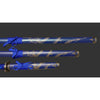 Three blue sword sheaths with silver dragon designs on a dark background