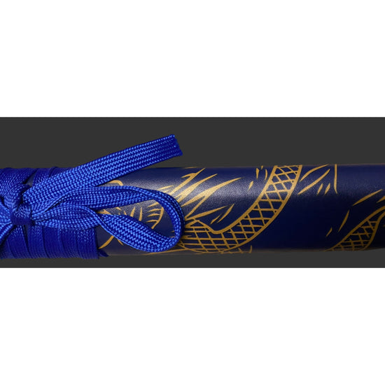 Blue sword with gold patterns on a dark background