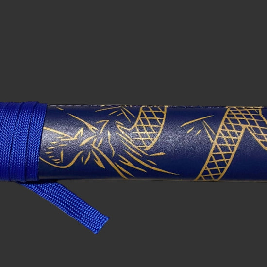 Blue sword with gold patterns on a dark background