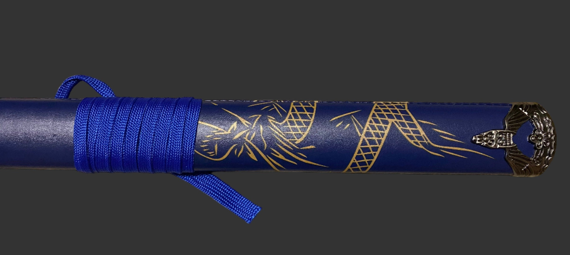 Blue sword with gold patterns on a dark background