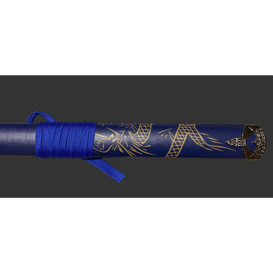 Blue sword with gold patterns on a dark background