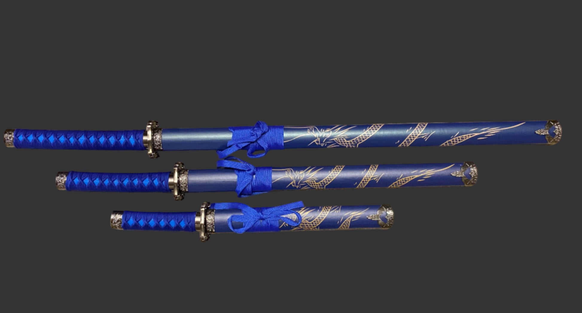 Set of blue swords with gold accents on a black background