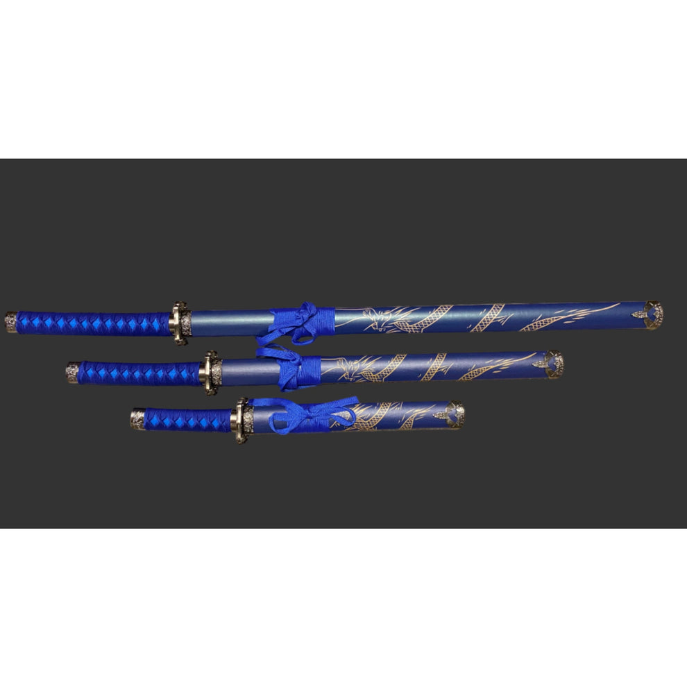 Set of blue swords with gold accents on a black background