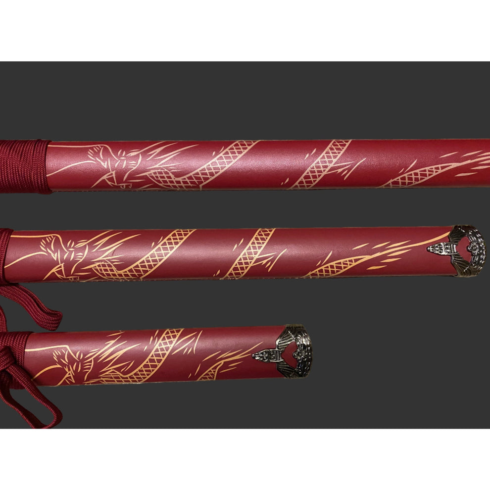 Three red swords with gold patterns on a dark background