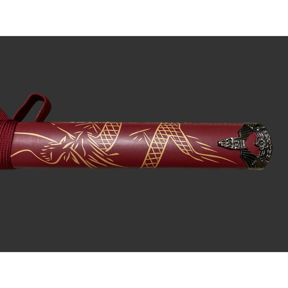 Red sword with gold patterns on a gray background