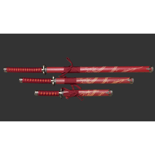 Set of red swords with decorative handles on a dark background