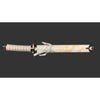 Decorative sword with white handle and gold patterns on a black background