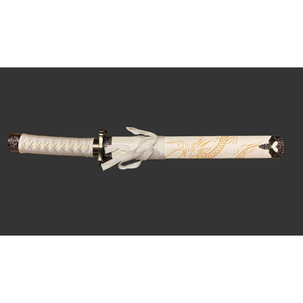 Decorative sword with white handle and gold patterns on a black background